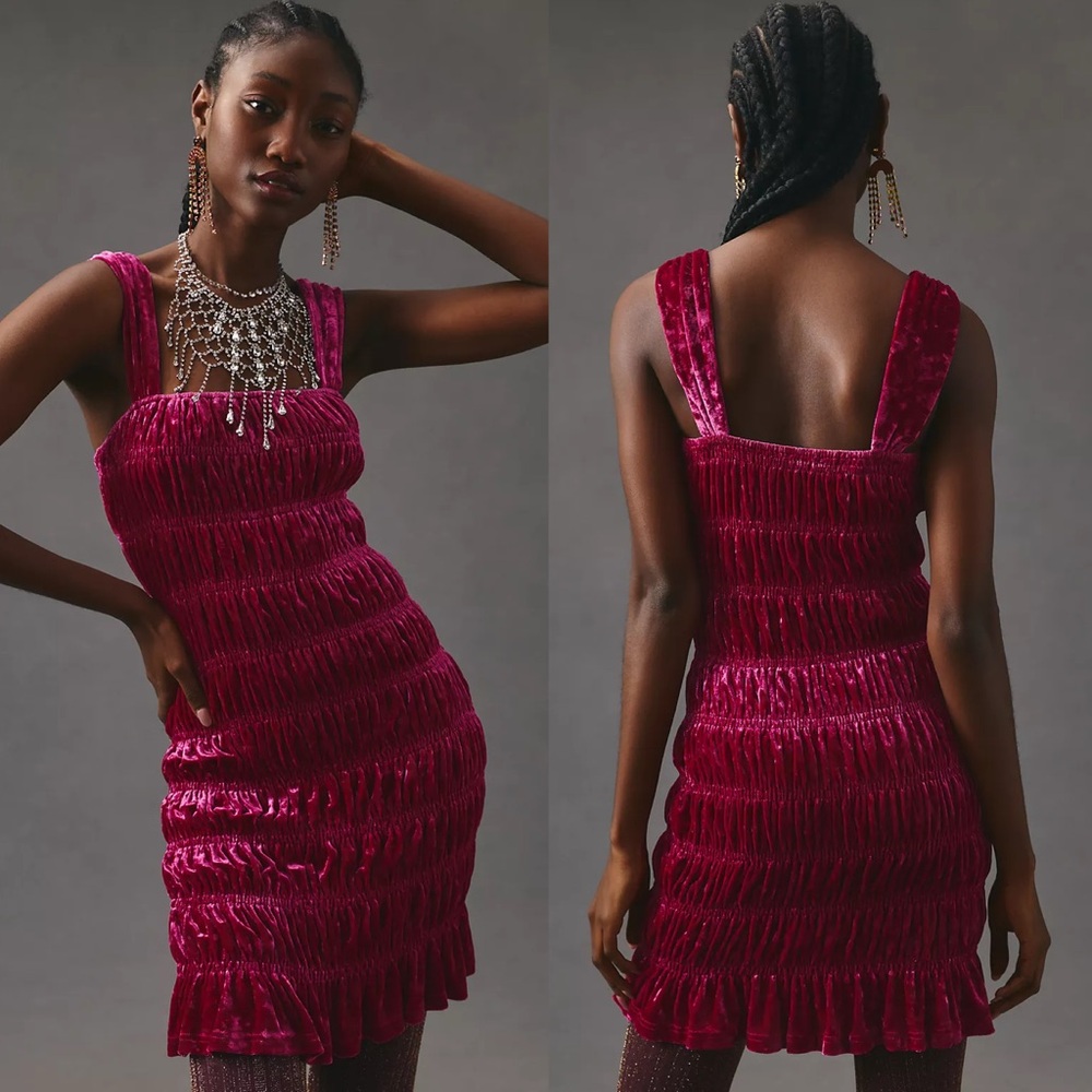 NWT En Saison Anthropologie Ruched Crushed Velvet Bodycon Dress Deep Fuchsia L